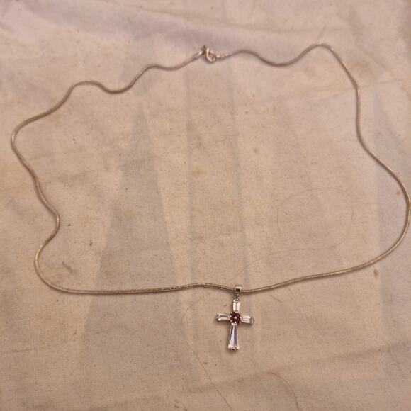 Silvertone Necklace, 24 inch Cross Pendant With Garnet And Glass - Picture 1 of 4